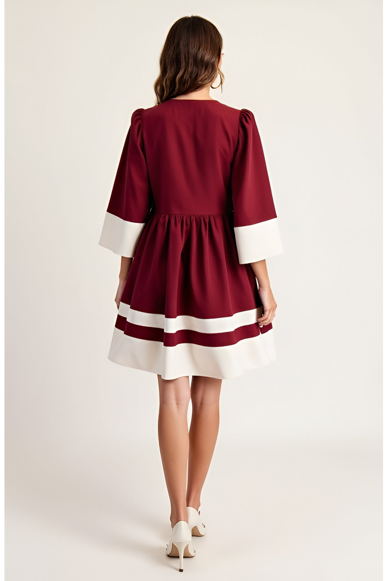 Fit and Flare Mini Dress with Contrast Cuff, Hemline and Notch Neck