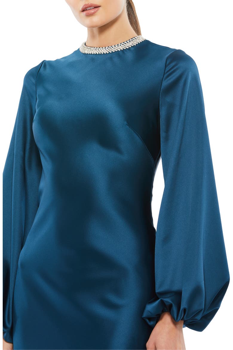 Beaded High Neck Bishop Sleeve Satin Gown