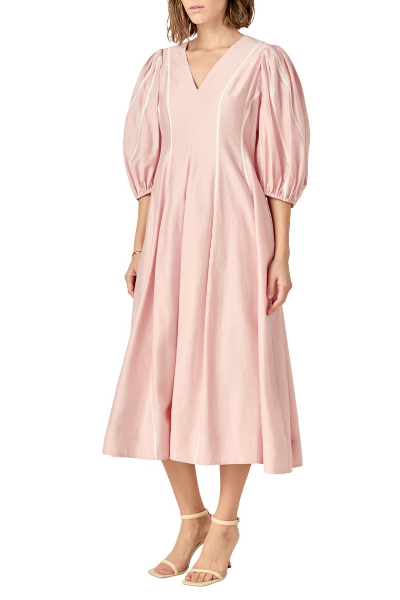 Contrast Binding Puff Shoulder Midi Dress