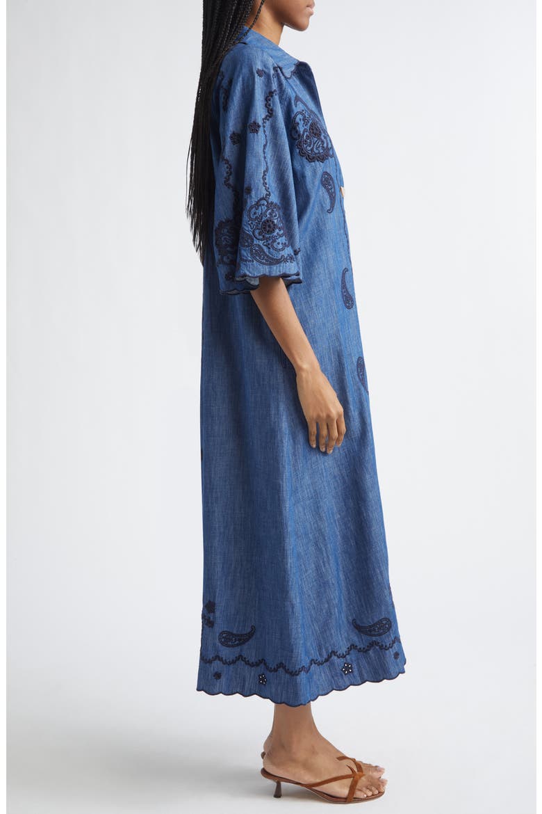 Aster Paisley Embroidered Denim Midi Dress