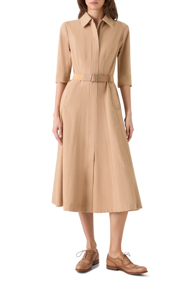 Belted Stretch Denim Midi Dress