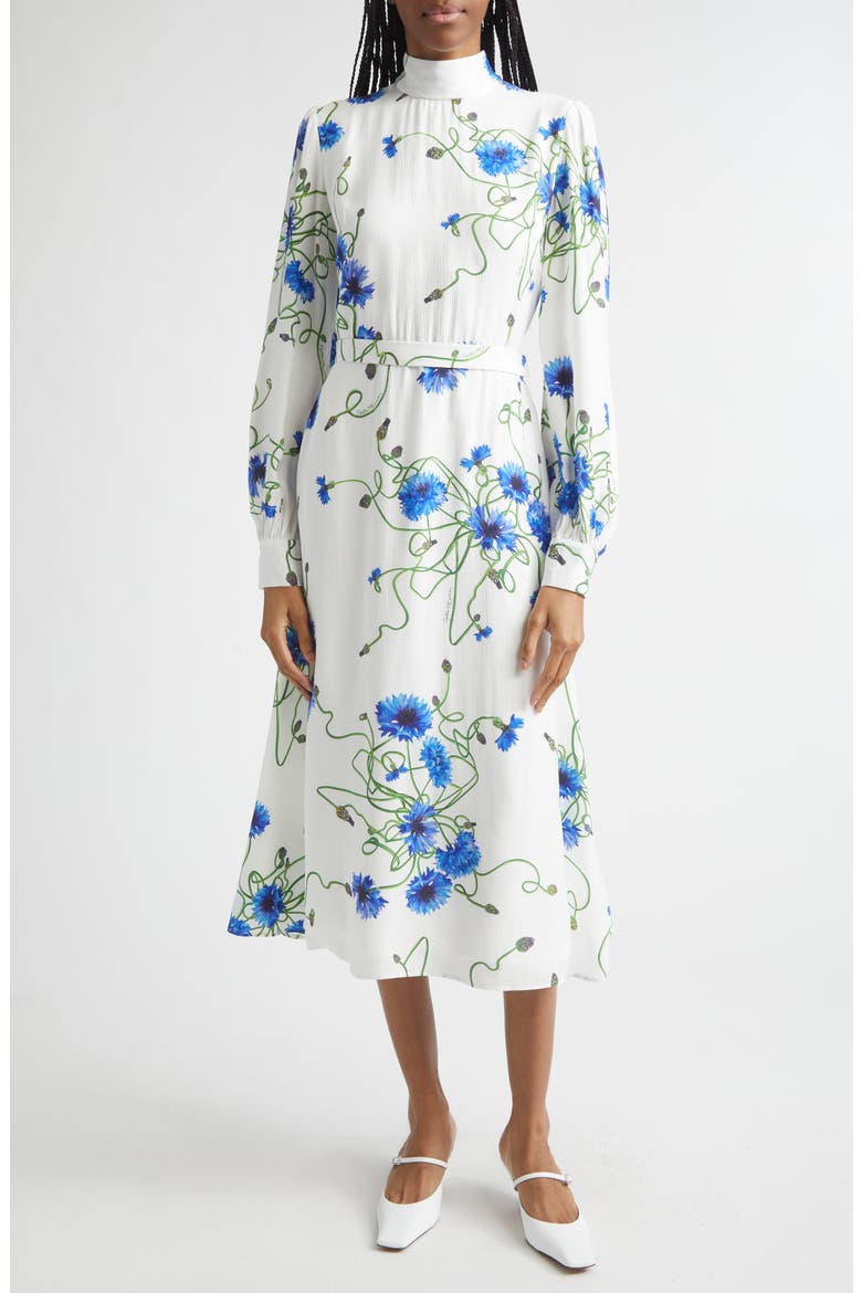 Cornflower Floral Print Long Sleeve Crepe Midi Dress