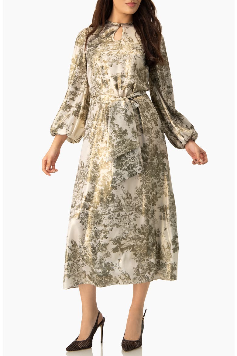 Botanical Print Satin, Long Sleeve Belted Keyhole Midi Dress