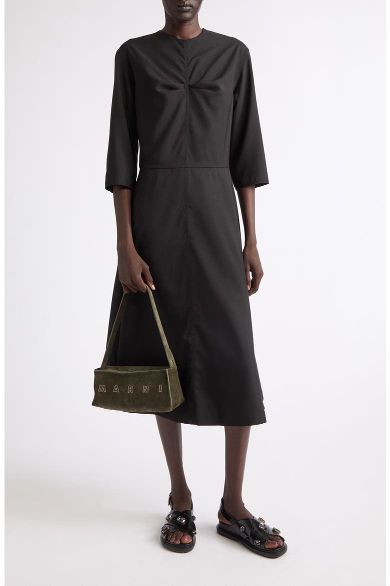 Pleat Bodice Wool Midi Dress