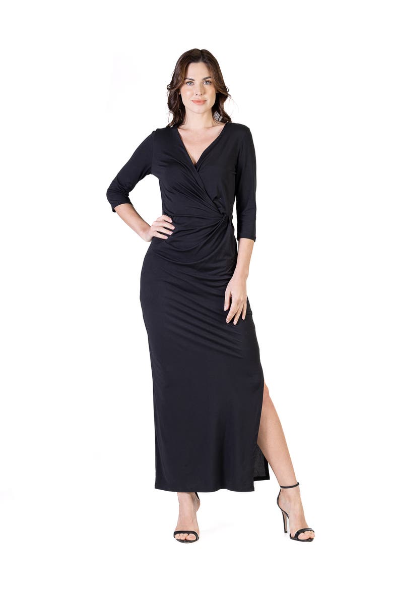 Petite Fitted V Neck Side Slit Maxi Dress