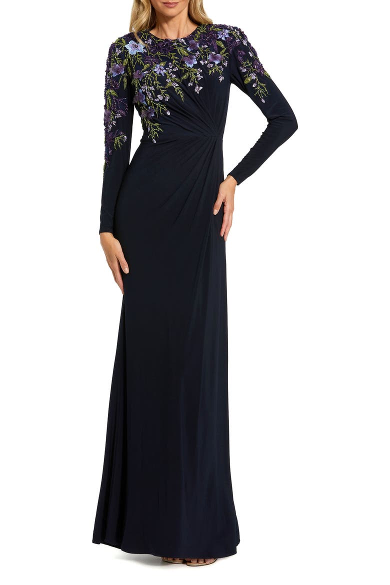 Embellished Long Sleeve Fitted Jersey Gown