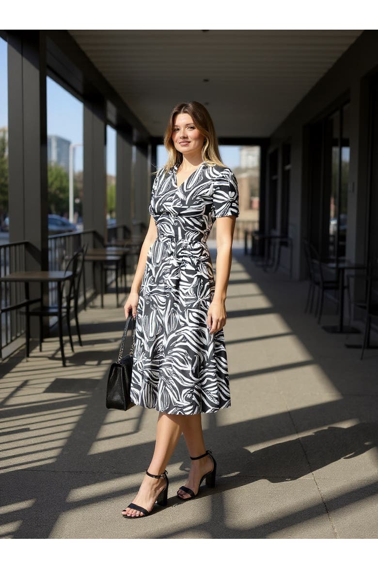Womens Essential Abstract V-Neck Short Sleeve A-Line Midi Dress