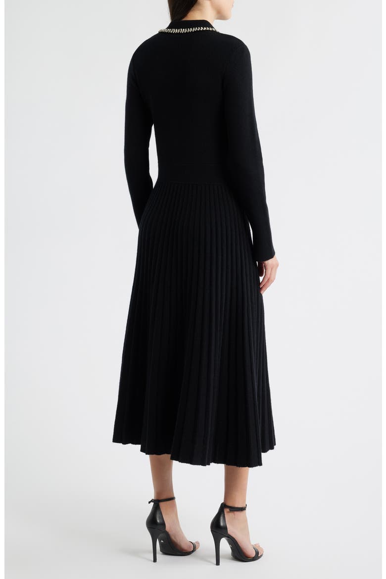 Penny Embellished Collar Pleated Long Sleeve Cashmere Sweater Dress