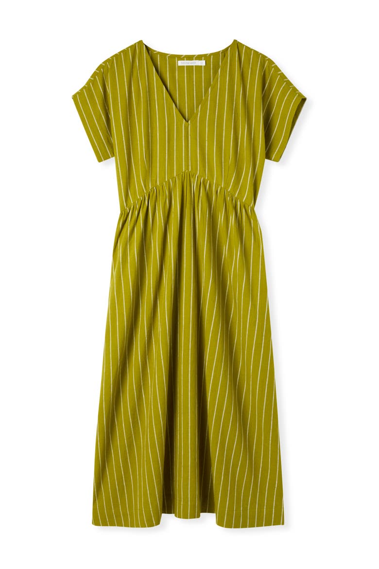 V-Neck Gathered-Waist Striped Midi Dress