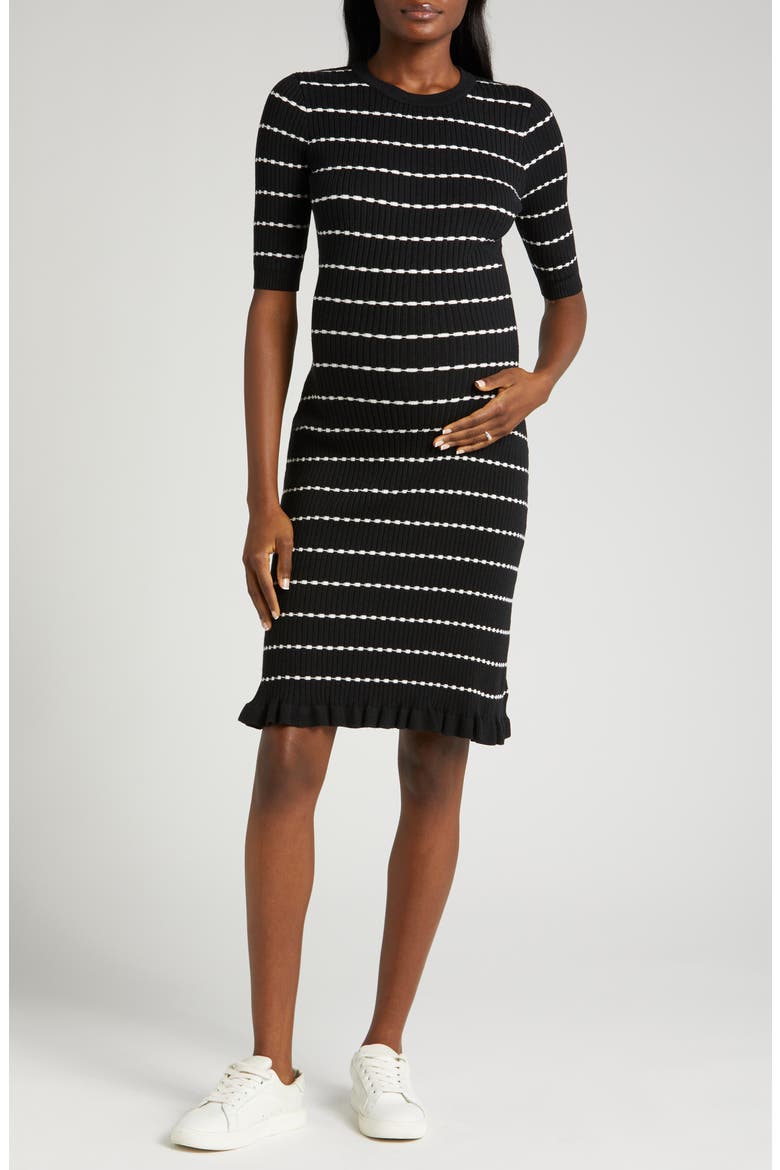 Women's Knee Length Striped Maternity & Nursing Sweater Dress in Cotton Knit