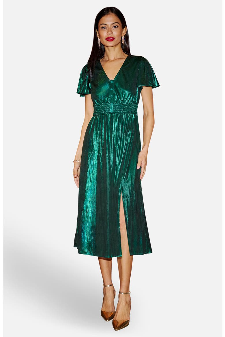 Metallic Ruched Midi Dress