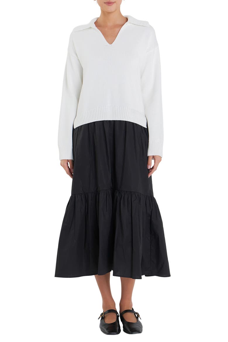 Mixed Media Long Sleeve Sweater Midi Dress