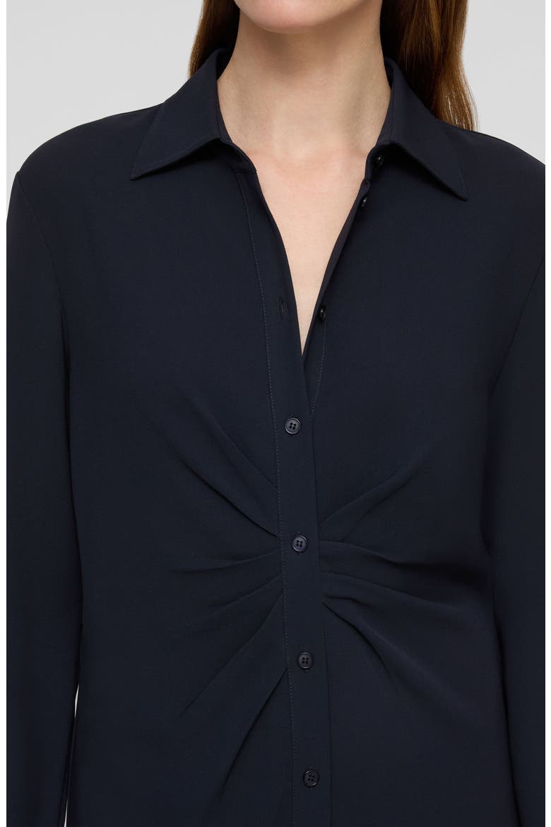 Pleated Waist Long Sleeve Finesse Crepe Shirtdress