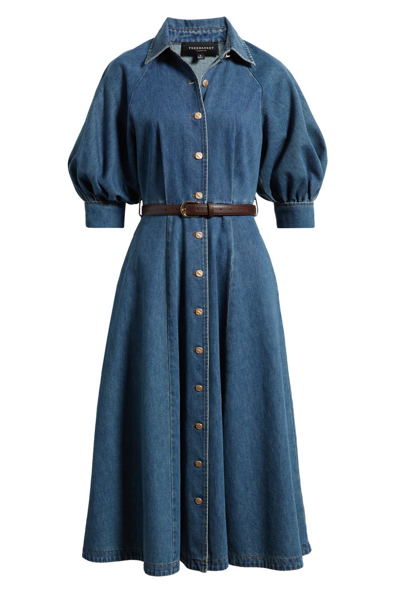 Puff Sleeve Denim Midi Shirtdress