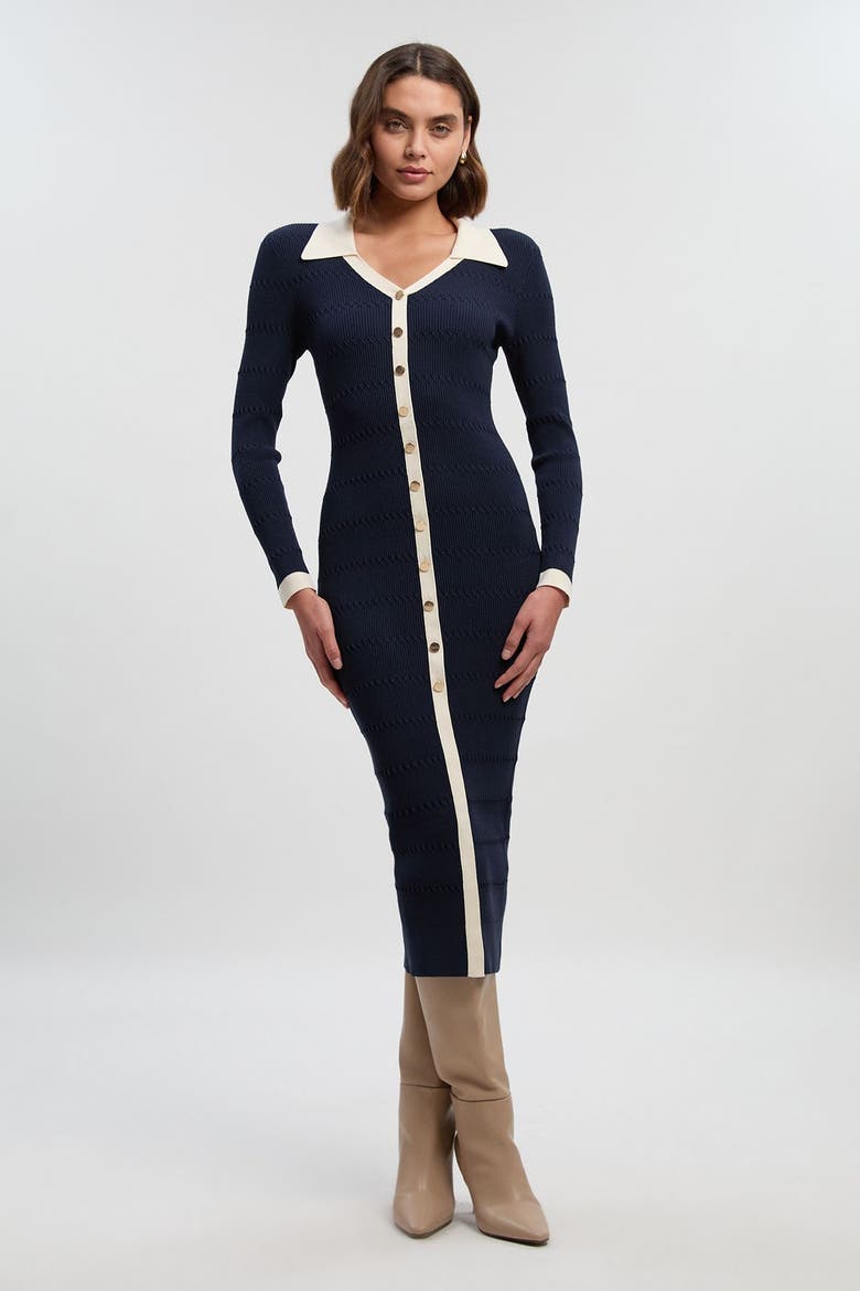 Rib Contrast Button Knit Midi Dress