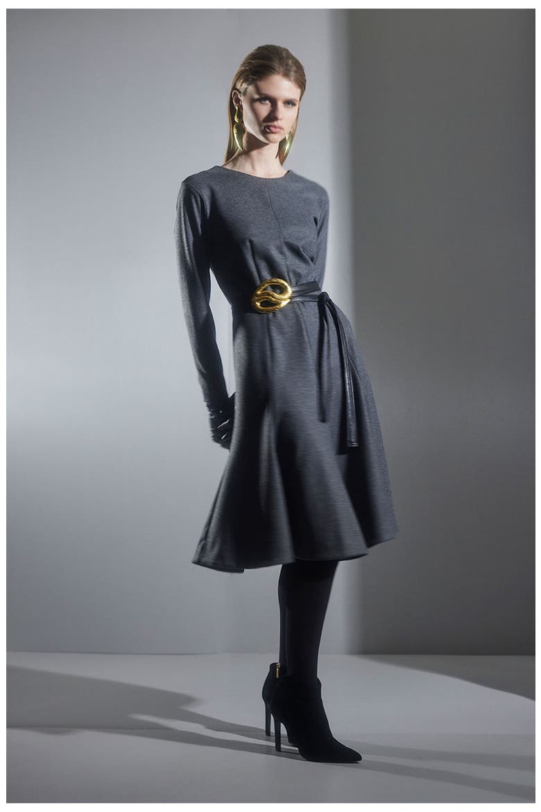 Double Jersey Fluted Hem Long Sleeve Midi Dress