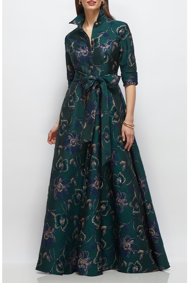 Metallic Floral Jacquard Shirtdress Gown