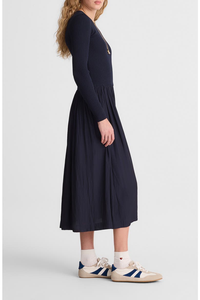 Rib Mixed Media Long Sleeve Midi Dress