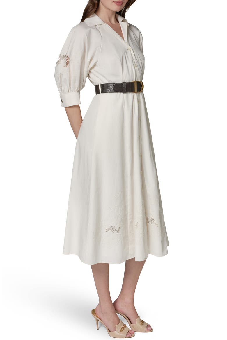 Embroidered Puff Sleeve Belted Cotton Shirtdress