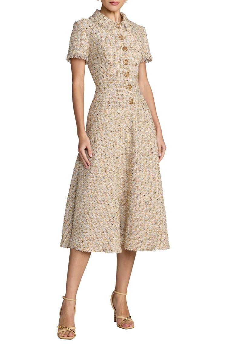 Boucle Cap Sleeve Collared Neck A Line Midi Dress
