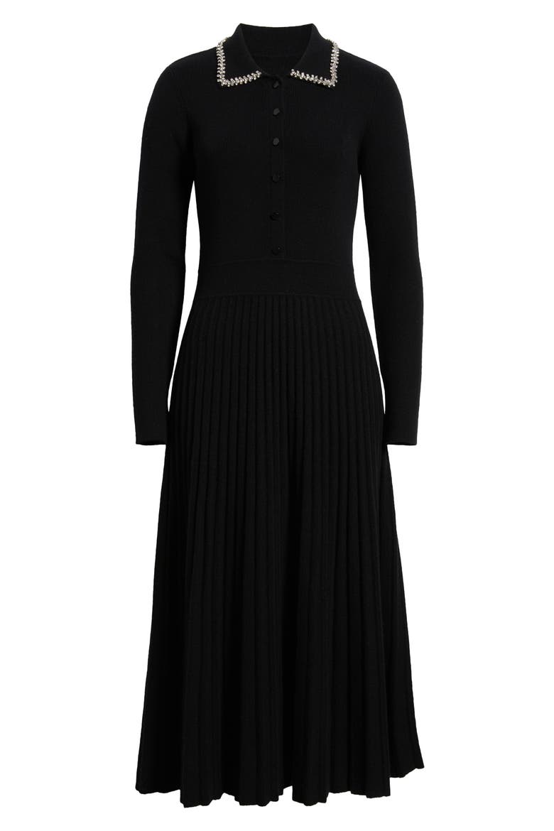Penny Embellished Collar Pleated Long Sleeve Cashmere Sweater Dress