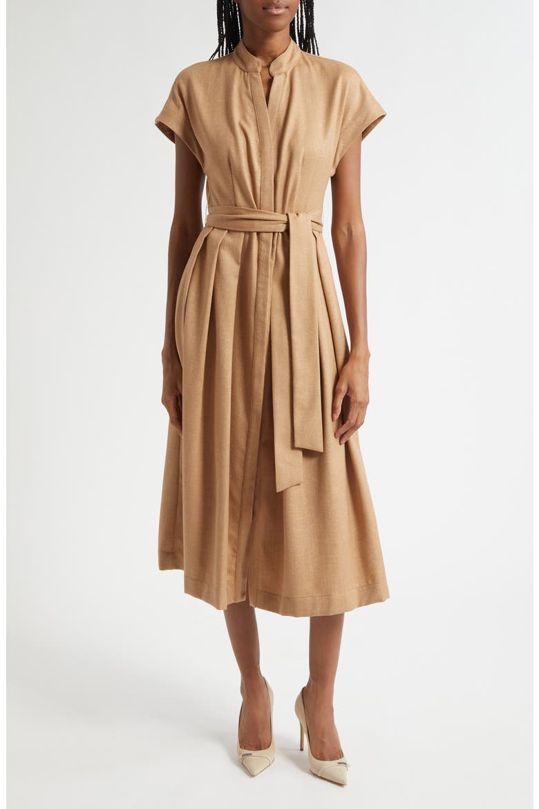 Belted Wool Blend Midi Dress