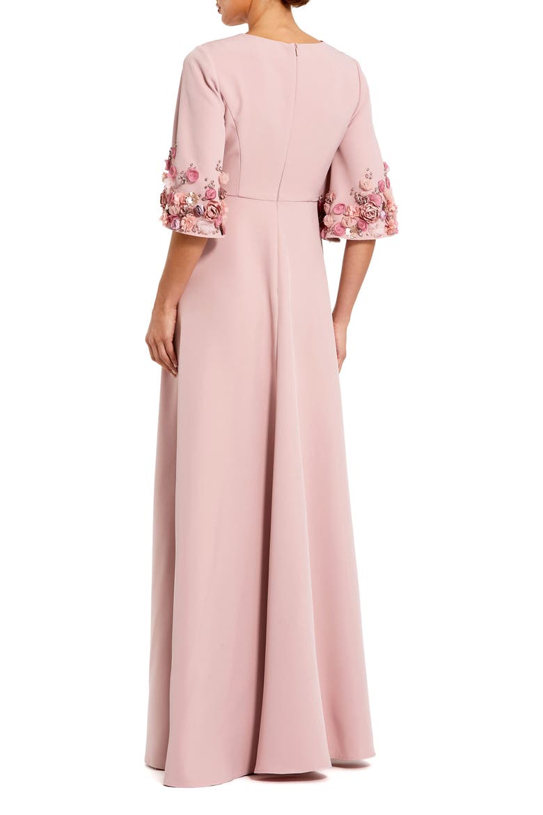 Petite Crepe 3/4 Sleeve A-line Gown With Flower Trim