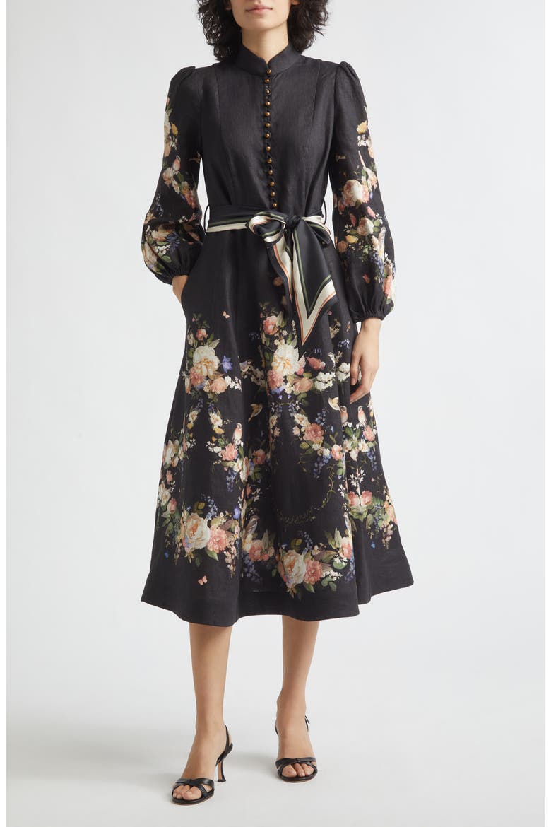 Valiant Floral Long Sleeve Linen Midi Dress