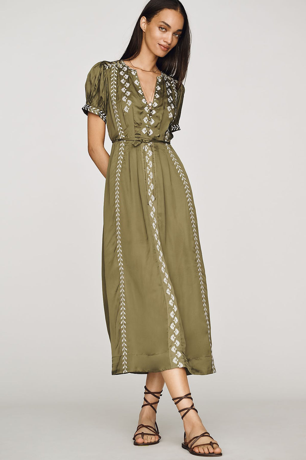 By Anthropologie Satin Embroidered Midi Dress