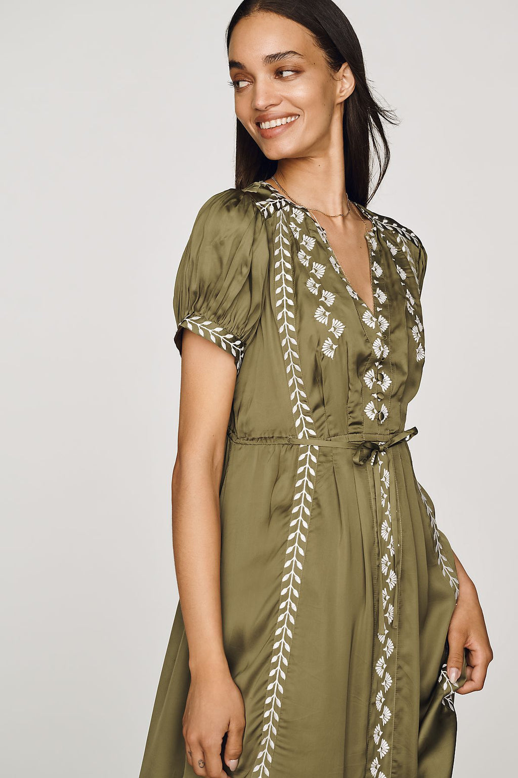 By Anthropologie Satin Embroidered Midi Dress