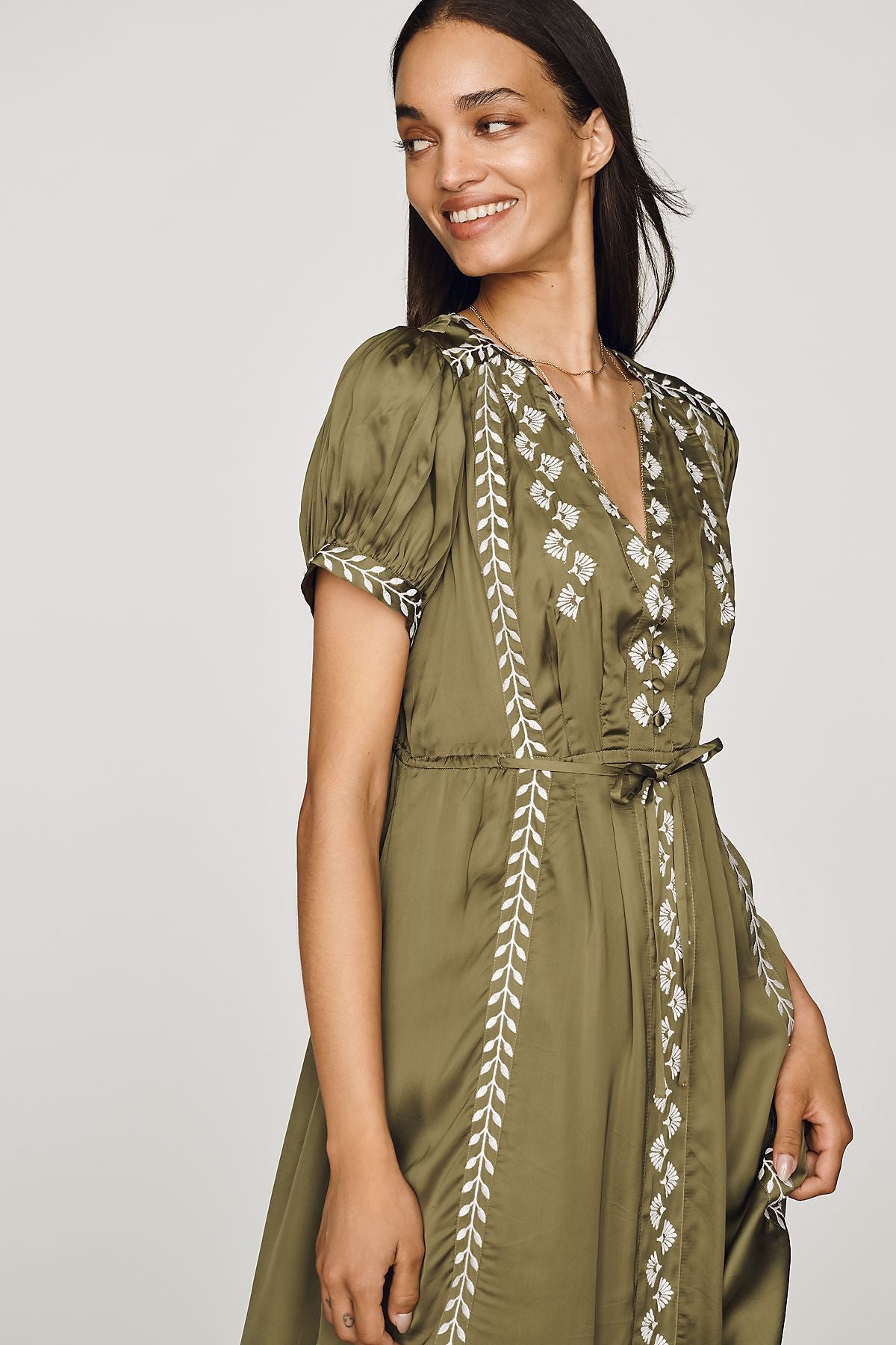 By Anthropologie Satin Embroidered Midi Dress
