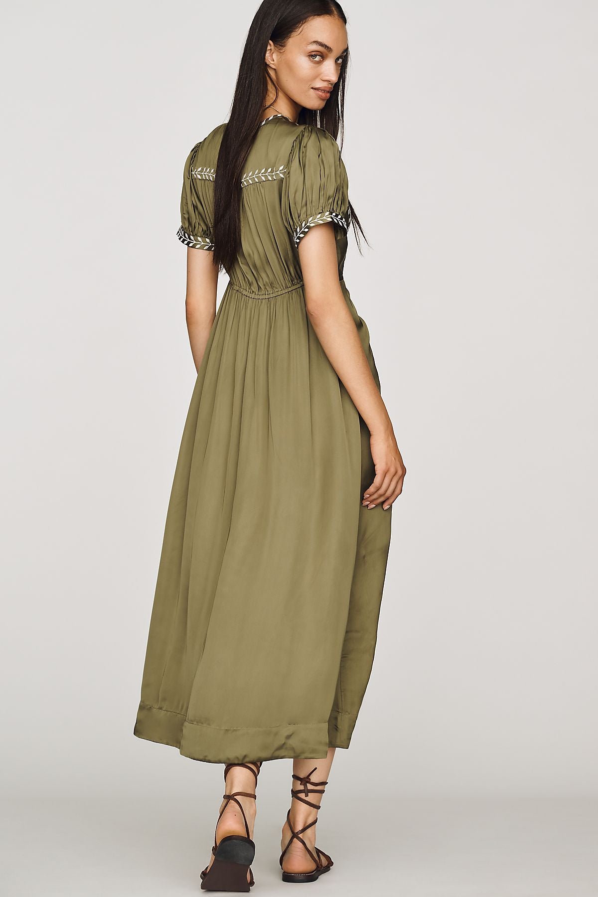 By Anthropologie Satin Embroidered Midi Dress