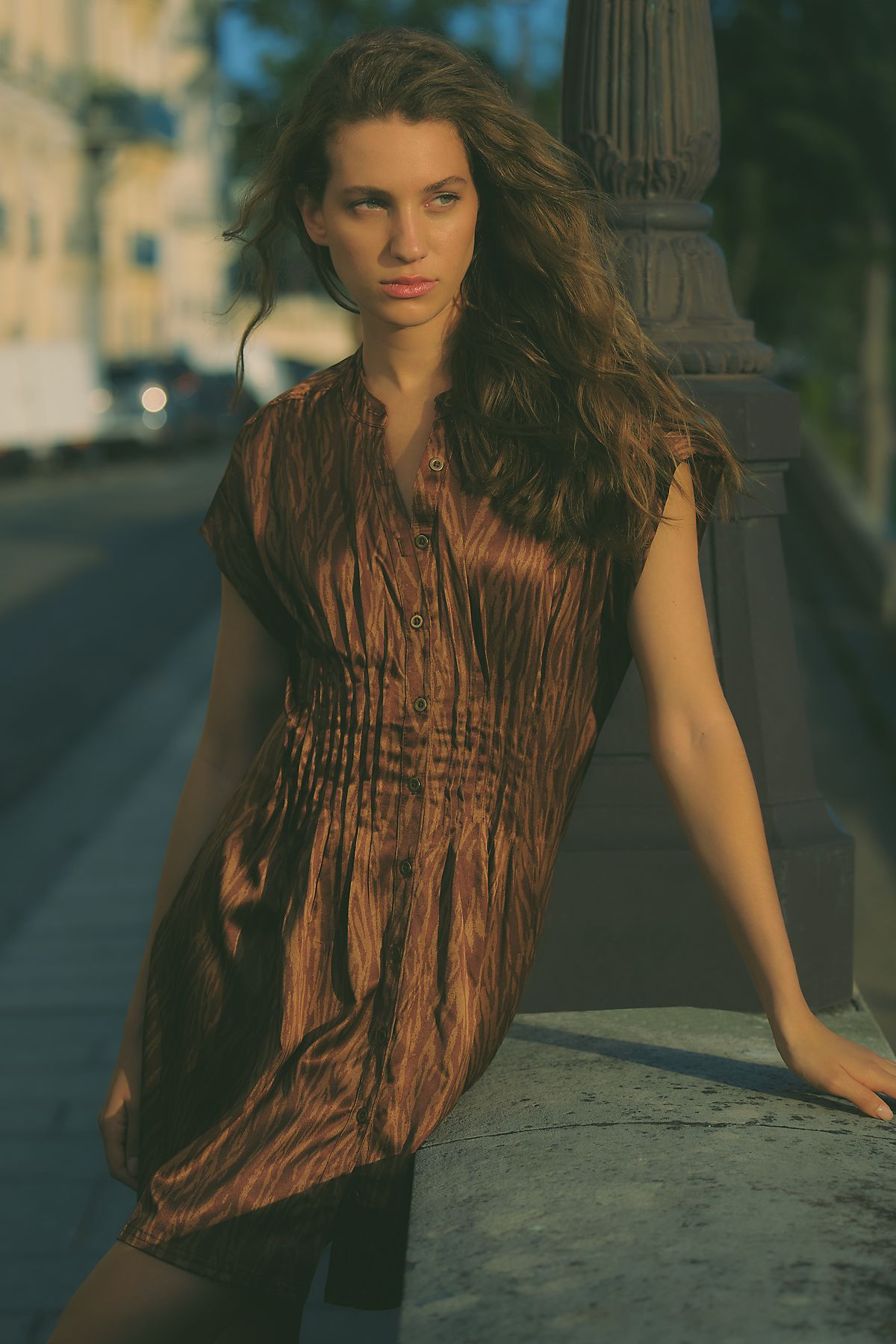 Linded Silken Pleated Shirtdress by Pilcro