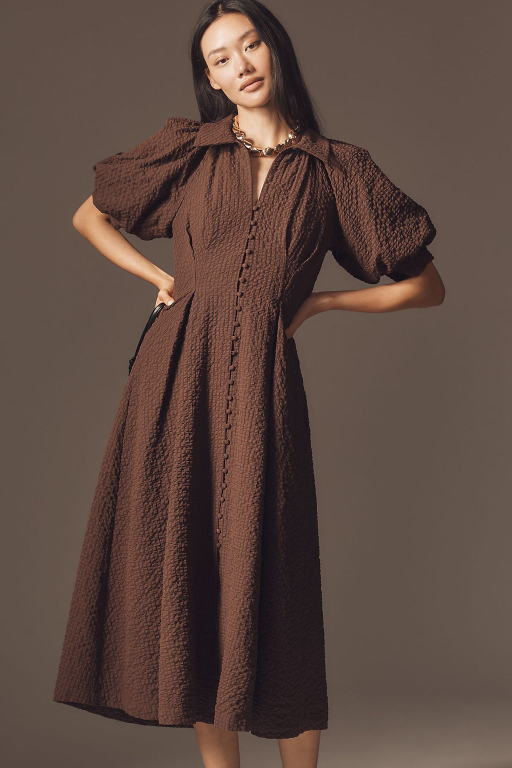 English Factory Puff-Sleeve Textured Midi Shirtdress