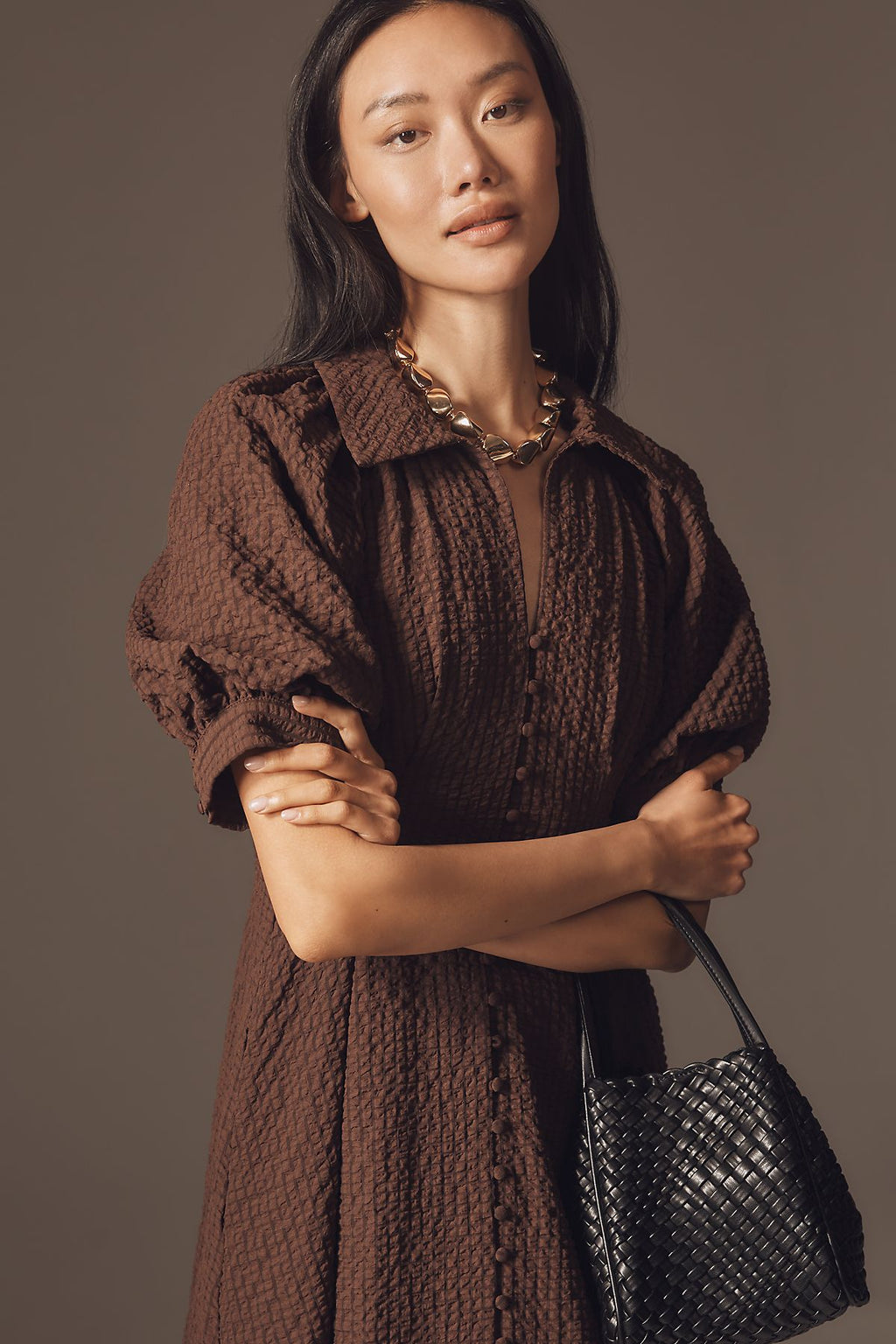 English Factory Puff-Sleeve Textured Midi Shirtdress