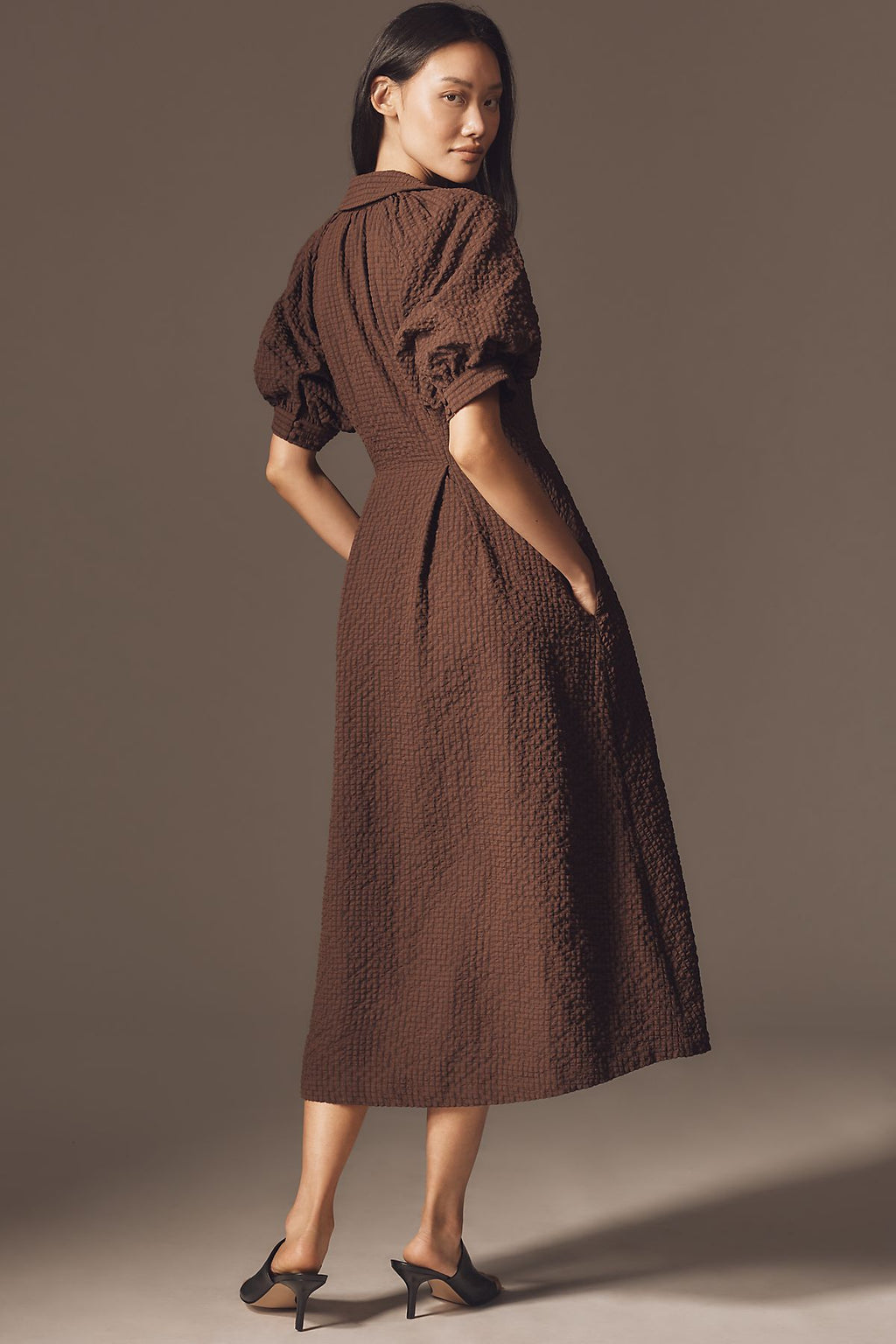 English Factory Puff-Sleeve Textured Midi Shirtdress
