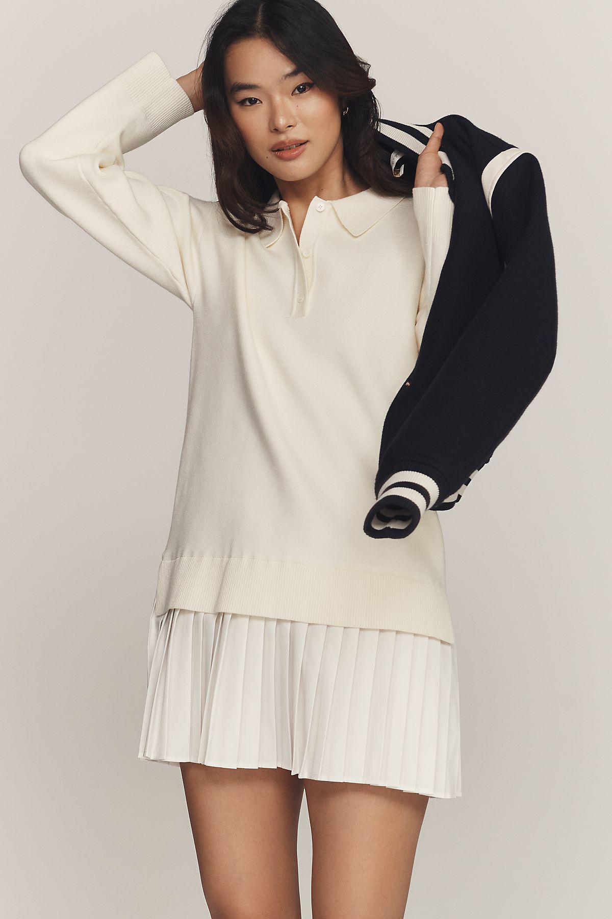 English Factory Collared Long-Sleeve Twofer Mini Dress