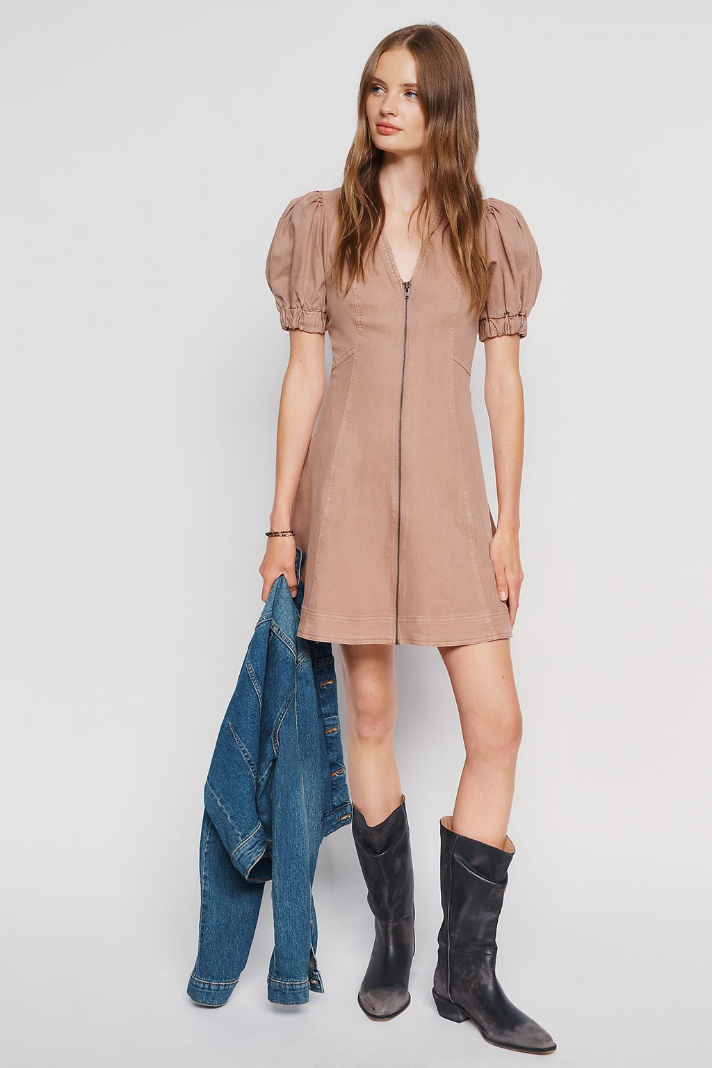 Calder Puff-Sleeve Denim Mini Dress
