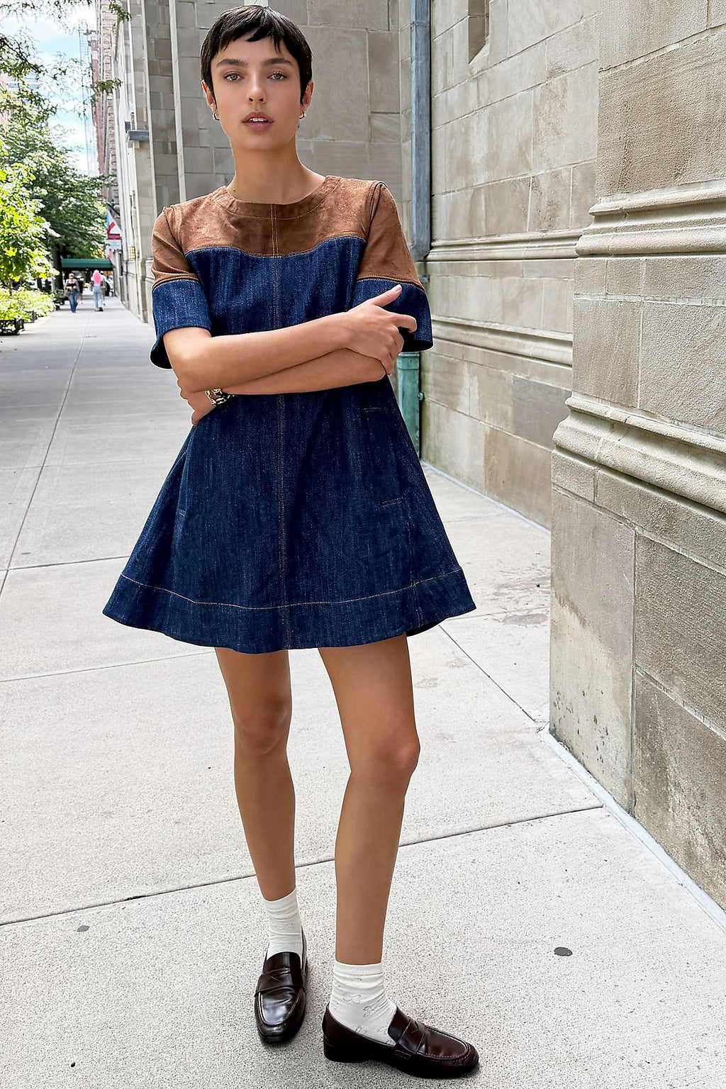 Maeve Denim Faux-Suede Mini Dress