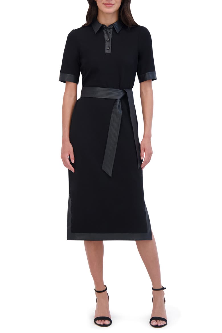 Faux Leather Trim Tie Waist Midi Dress