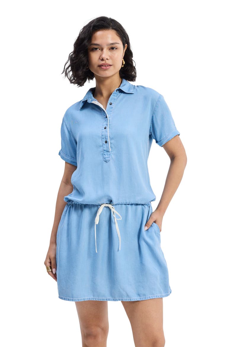 Drawstring Denim Shirt Dress with Front Buttons in Blue