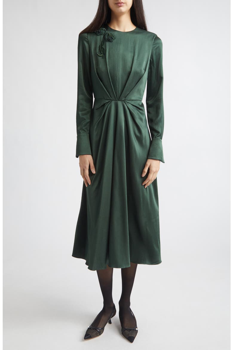 Embroidered Long Sleeve Satin Seersucker Midi Dress