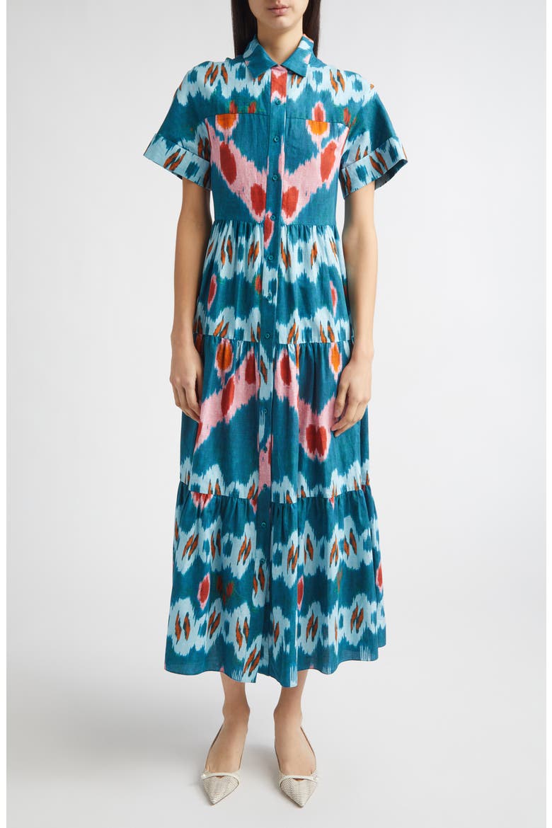 Ikat Print Tiered Cotton Sateen Midi Shirtdress