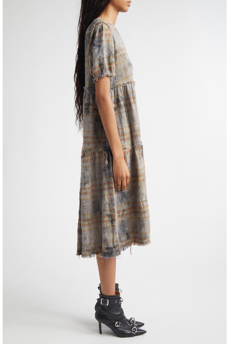 Plaid Shredded Relaxed Cotton Flannel Midi Dress