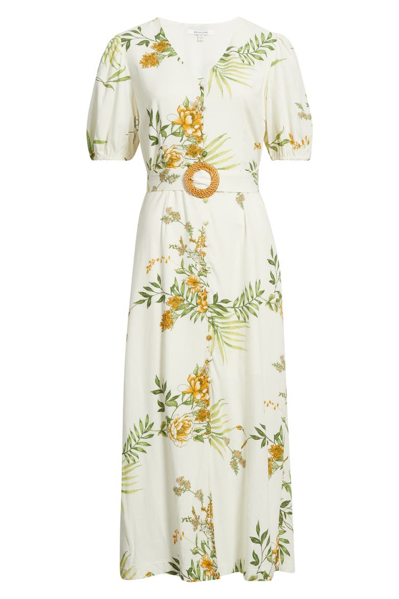 Printed Puff Sleeve Belted Midi Dress