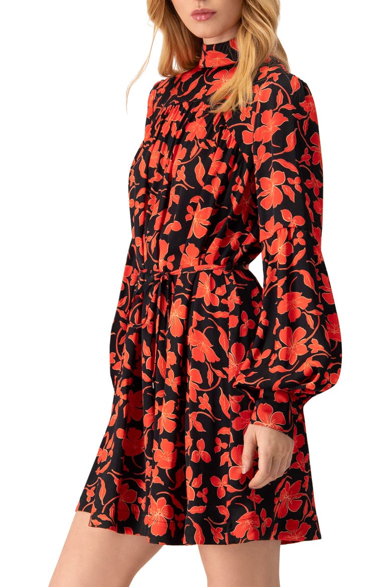 Black Mini Dress with Red Floral Print and Drawstring Waist