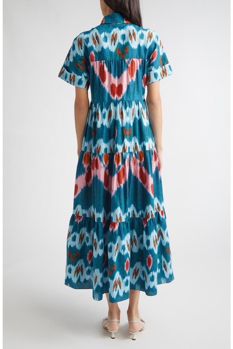 Ikat Print Tiered Cotton Sateen Midi Shirtdress