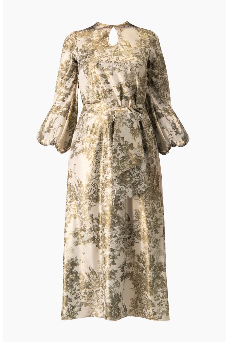 Botanical Print Satin, Long Sleeve Belted Keyhole Midi Dress
