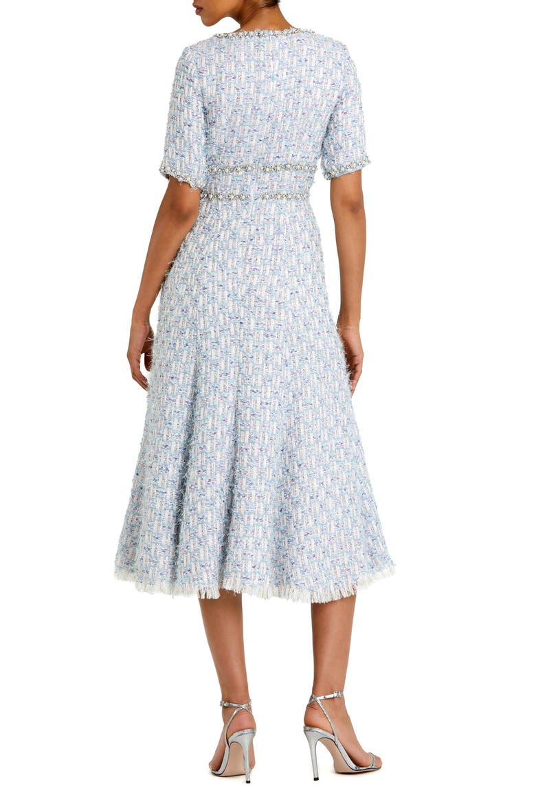Short Sleeve Beaded Trim Boucle Midi Dress