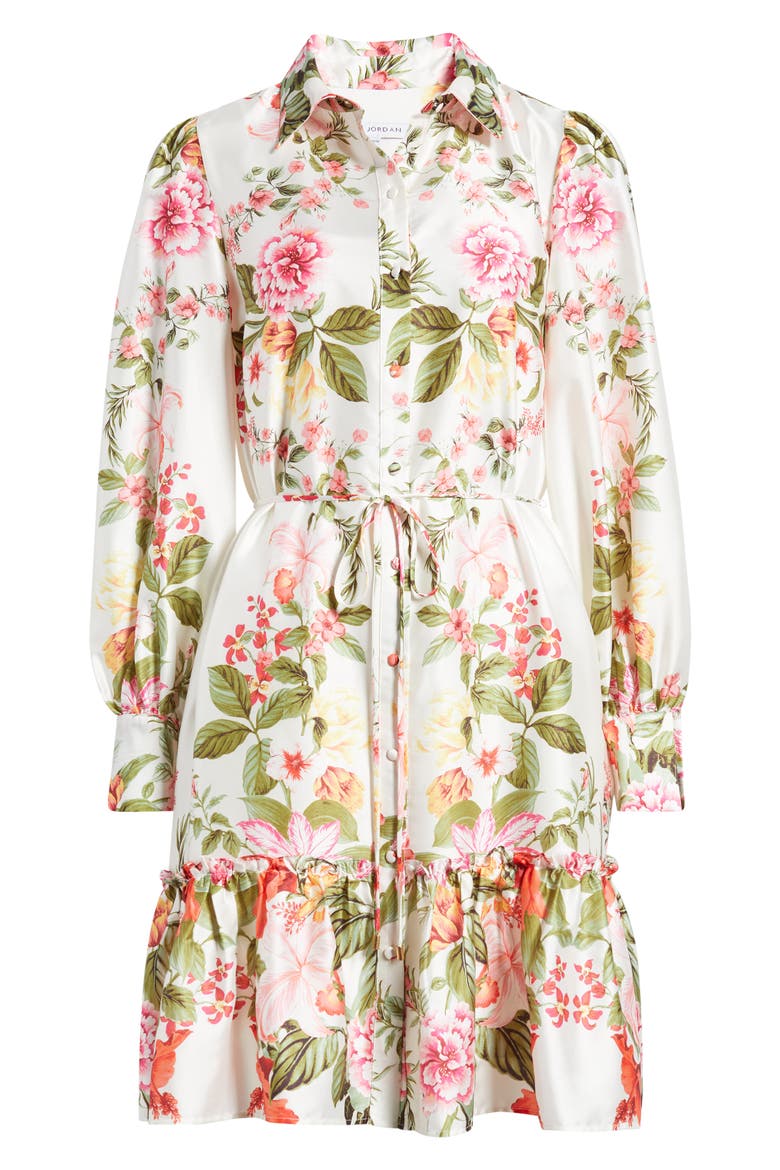Floral Long Sleeve Tie Belt Shirtdress